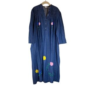 Styled By Saybury Denim Dress Medium Embroidered Floral Midi Casual Vintage